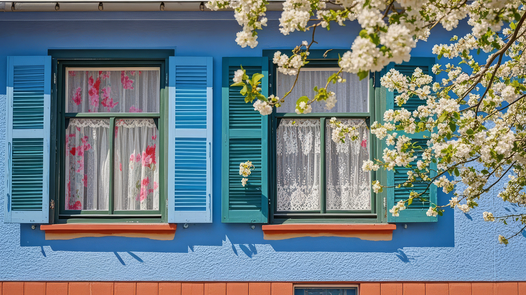 春季蓝色木窗白花盛开清新田园风格背景