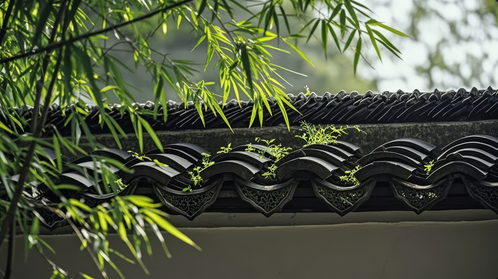 中式庭院竹林瓦当光影禅意幽静背景图