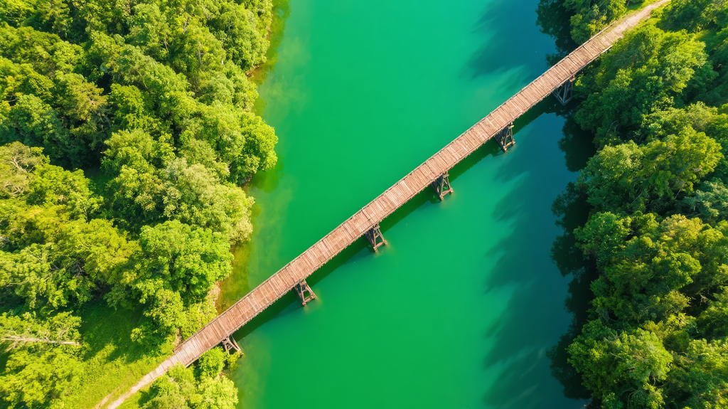 航拍森林河流木栈道绿色生态自然背景图