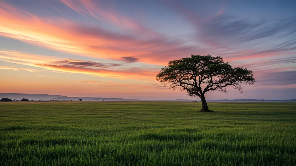 立夏节气草原孤树日落黄昏唯美风景背景