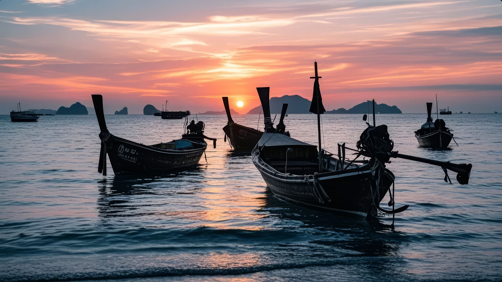 热带海岛渔船日落黄昏旅游度假浪漫背景