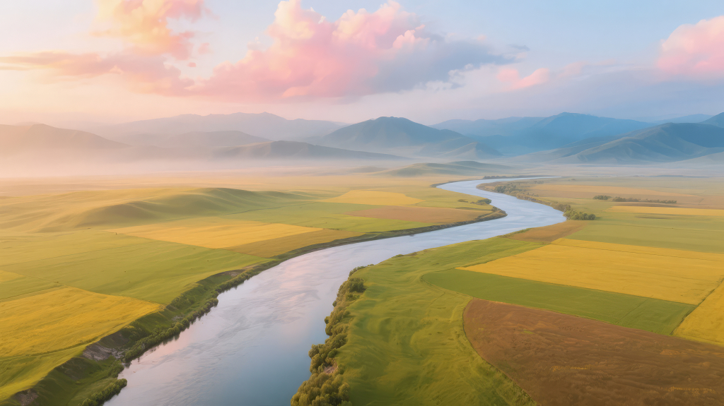 草原河流蜿蜒日落田园牧歌自然风光背景
