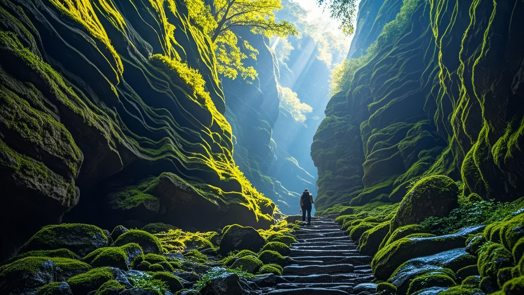 探险者穿越神秘峡谷苔藓阳光自然背景图