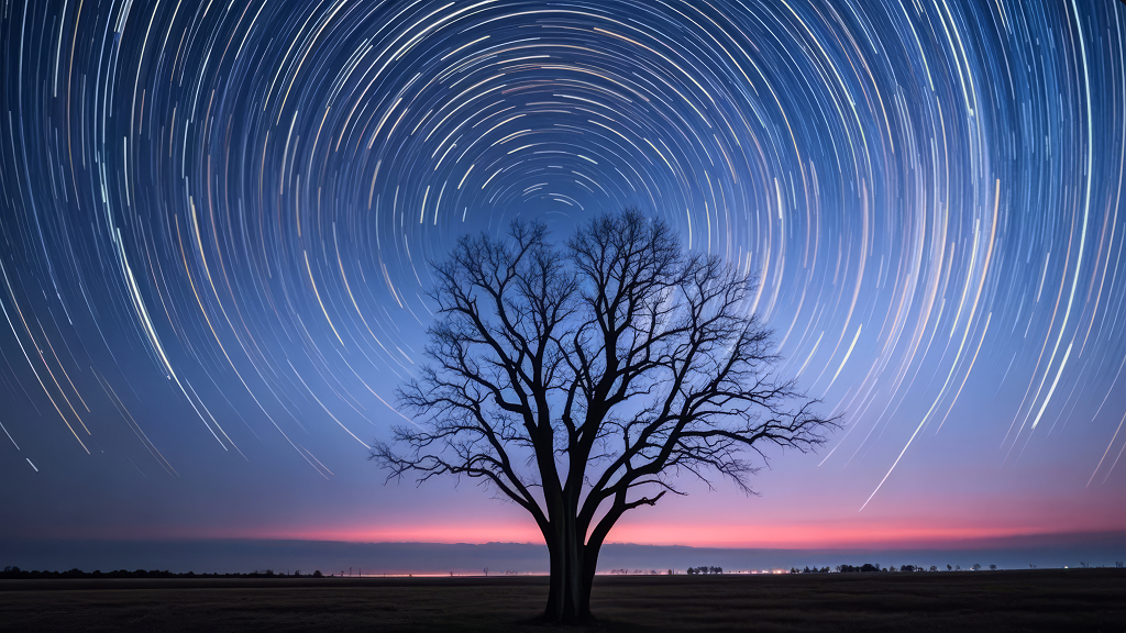 冬季星轨旋转枯树夜晚宁静天文摄影背景