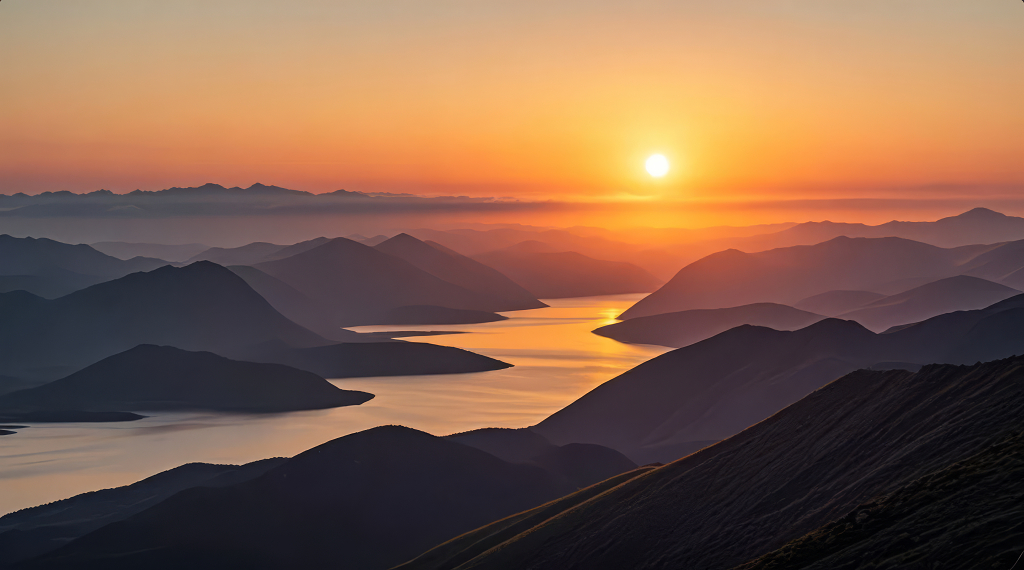 山脉河流日出壮丽自然风光意境背景图