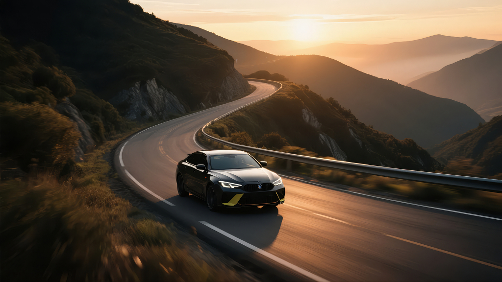 汽车行驶山路日落黄昏自驾旅行风景背景图