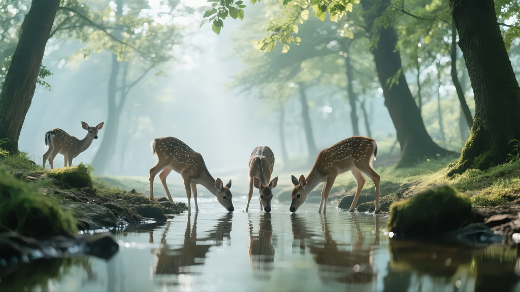 森林溪流鹿群饮水晨雾自然生态和谐背景图