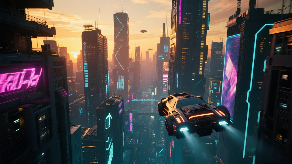 未来科技城市夜景赛博朋克风格插画背景图