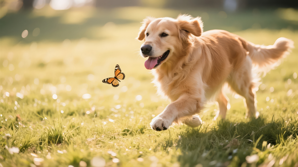 金毛犬草地追逐蝴蝶宠物阳光活力背景图
