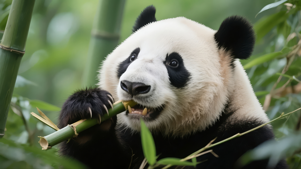 国宝熊猫吃竹子可爱动物园林自然生态背景