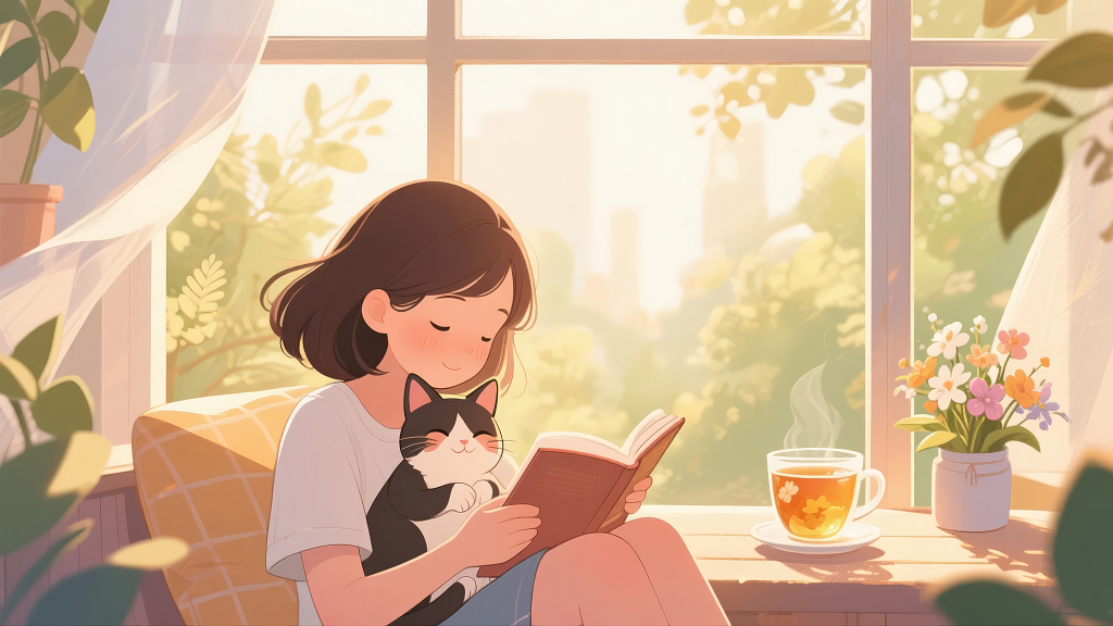 世界读书日女孩与猫窗边阅读温馨插画背景