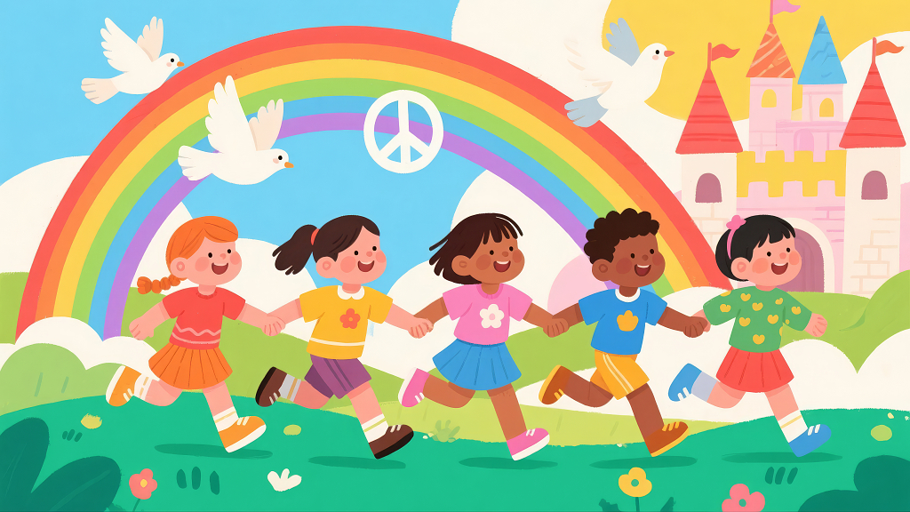 儿童节卡通儿童彩虹城堡和平鸽欢乐背景图