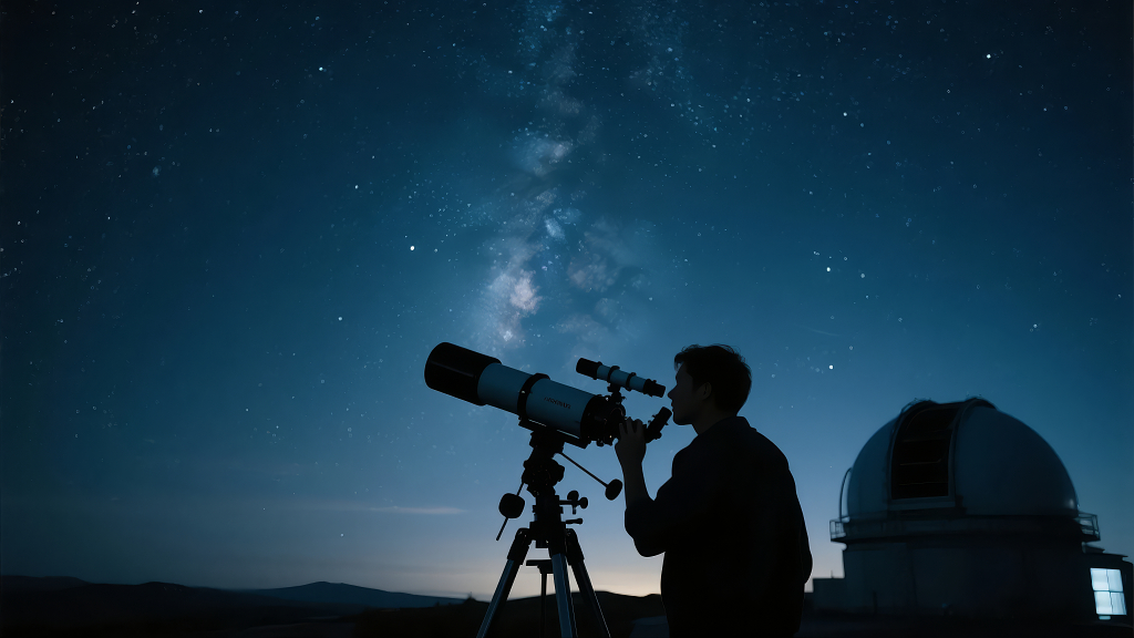 天文爱好者望远镜观测星空探索宇宙背景图