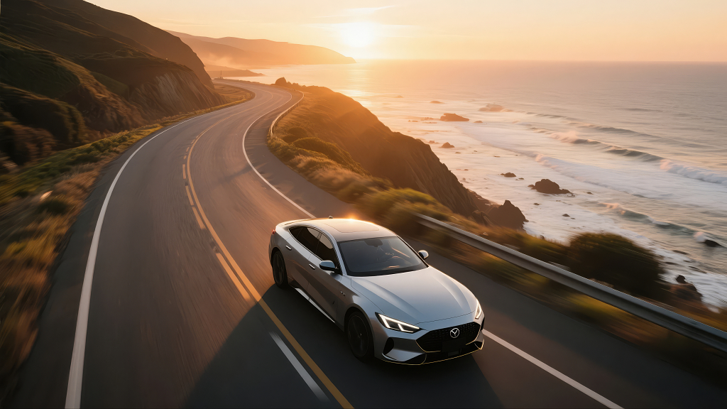 沿海公路汽车自驾游旅行日落海景风光背景