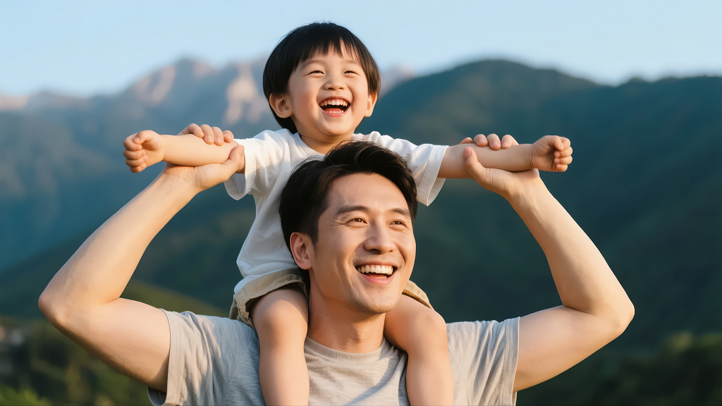 父亲节父子骑脖马户外阳光快乐亲情背景图