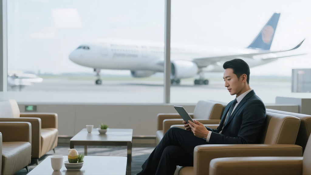 商务人士机场贵宾厅差旅出行办公科技背景