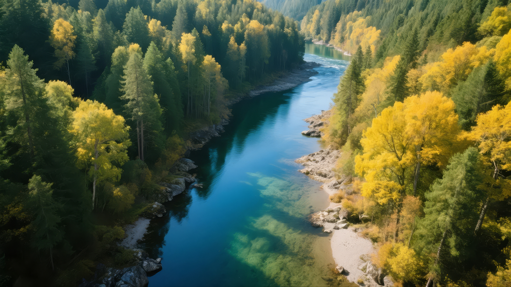 秋分节气森林河流航拍秋季自然风光旅游背景