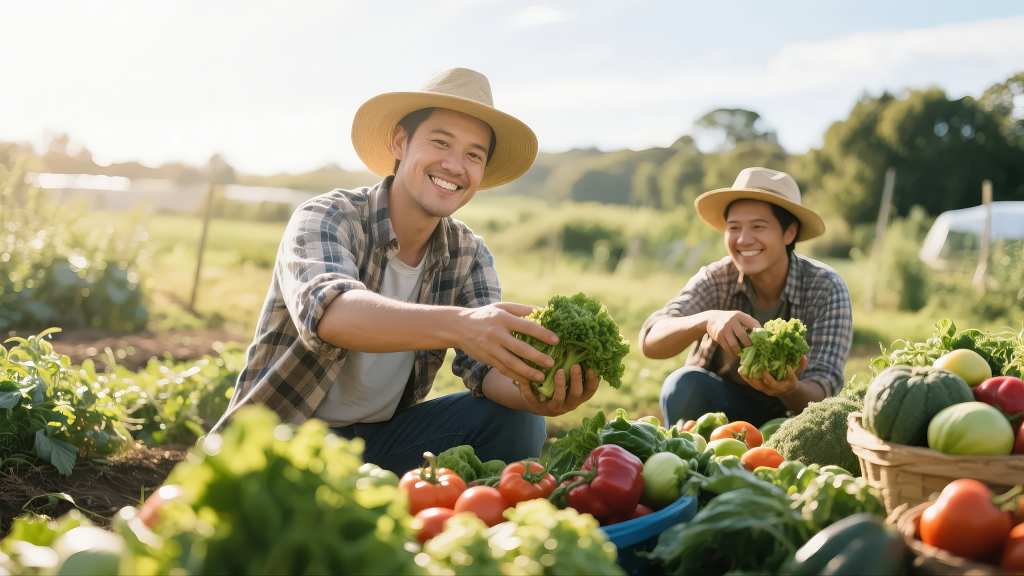世界粮食日农民采摘蔬菜丰收喜悦农业背景