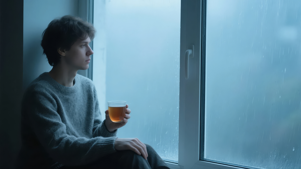 雨水节气窗边喝茶思考雨景孤独治愈背景