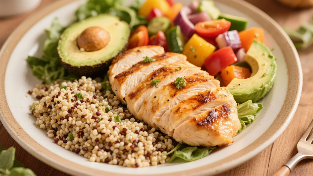 健康餐烤鸡胸肉藜麦蔬菜健身减脂餐背景图