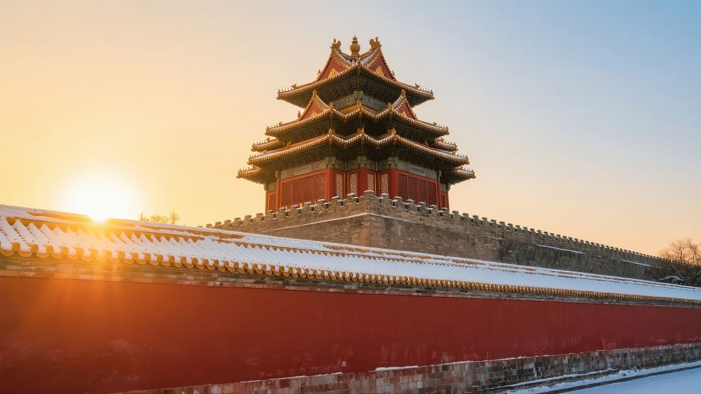 国庆节北京故宫角楼日落建筑旅游文化背景