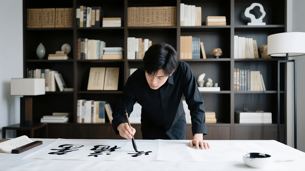 书法家挥毫泼墨传统文化艺术创作背景图