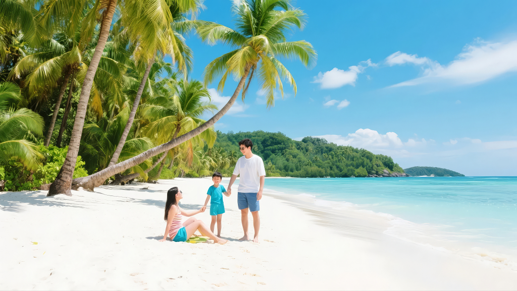 夏至节气海岛沙滩家庭度假旅游休闲背景
