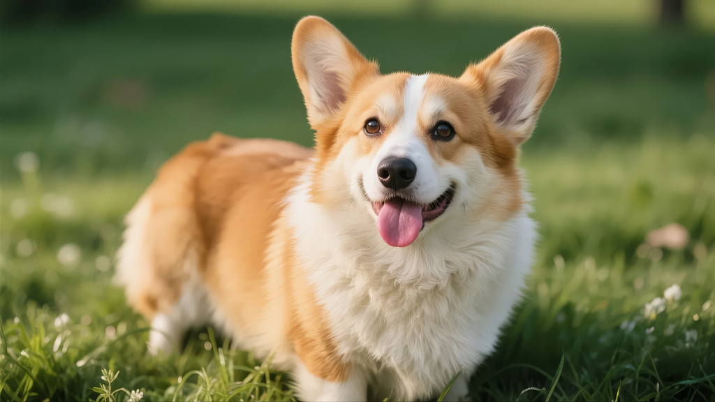 可爱柯基犬草地微笑治愈系宠物摄影背景