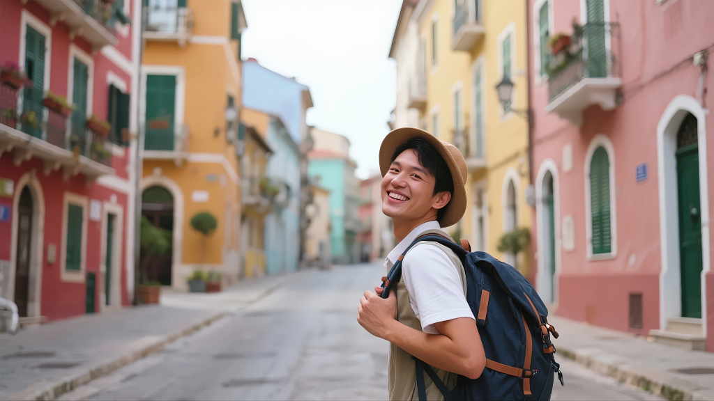 欧洲小镇街头背包客青年旅游探索生活背景