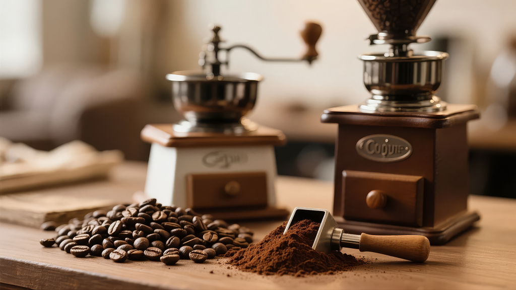 咖啡馆手摇磨豆机咖啡豆餐饮休闲背景图