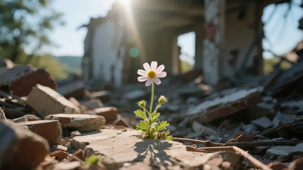 地震灾后重建废墟小花希望顽强生命力背景