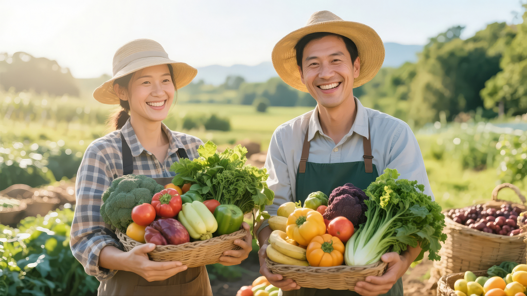 秋分节气农民夫妇丰收蔬菜健康有机农业背景