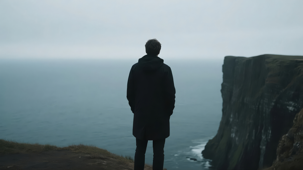 悬崖边孤独思考者眺望大海人生感悟意境背景