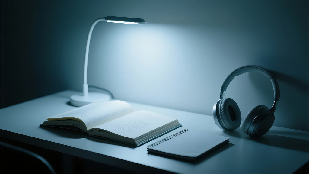 世界读书日夜晚学习书桌台灯耳机教育背景图