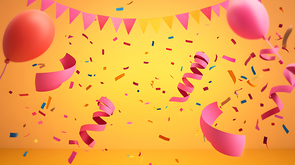 色彩斑斓的气球和彩带在黄色背景中飞舞