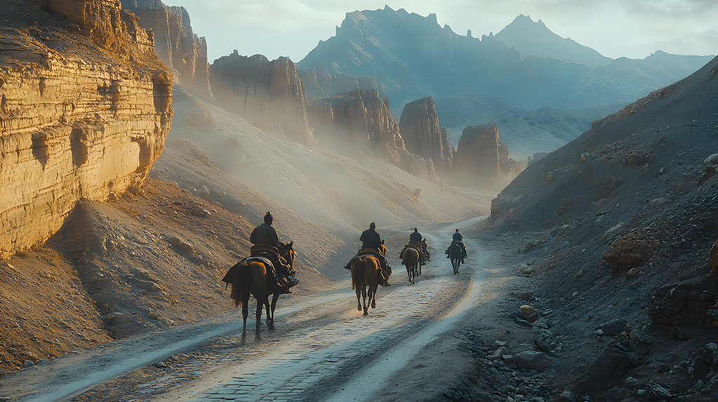 几位骑手在崎岖的山路上前行，远处的山脉在晨雾中若隐若现