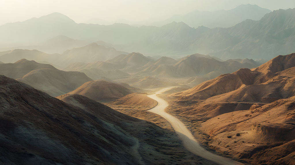 蜿蜒的山路穿越连绵起伏的山脉