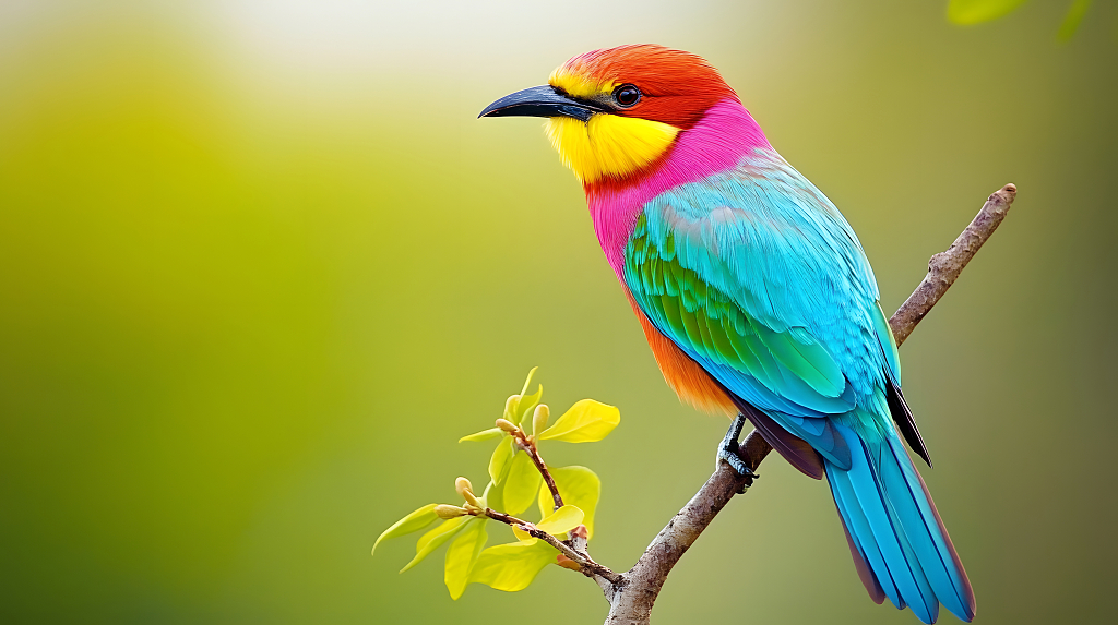 色彩斑斓的小鸟栖息在嫩绿的枝头