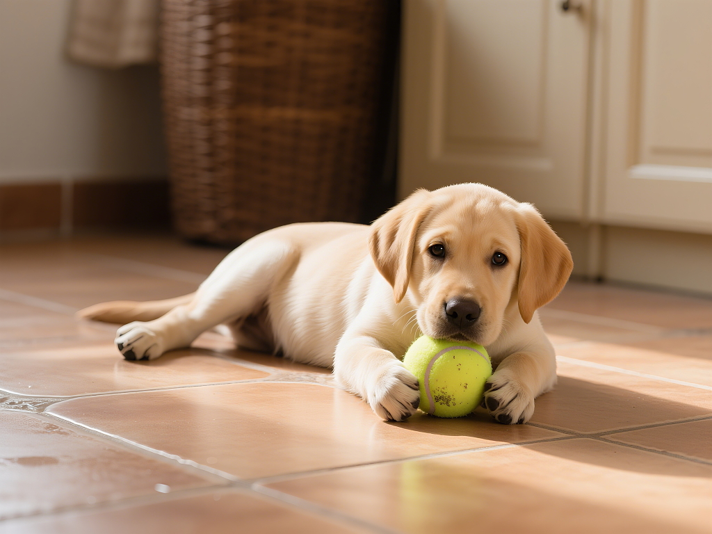 宠物摄影浅黄色拉布拉多幼犬趴在瓷砖地面前爪抱着网球