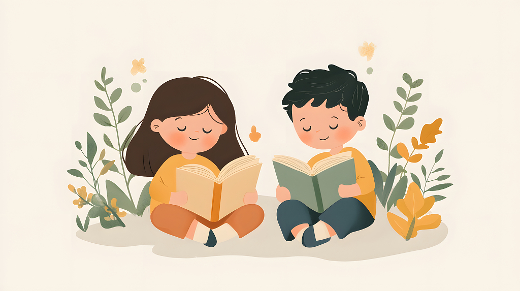 两个孩子在花丛中安静地阅读，享受着书籍带来的快乐与知识