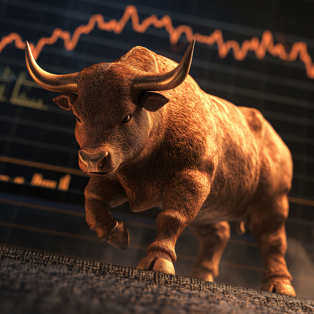 牛市象征，寓意股市上扬、经济向好态势。