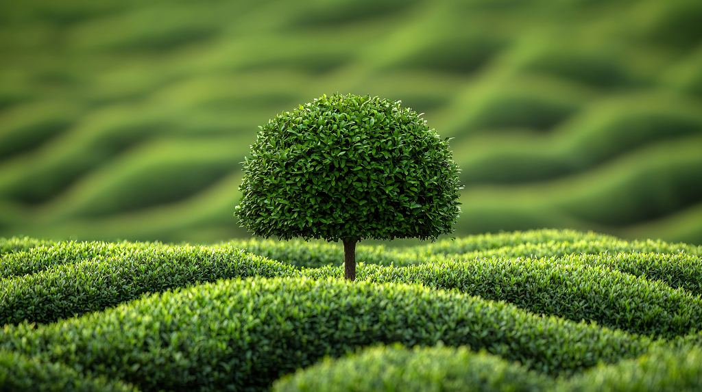 规整绿篱间，独立圆冠小树，尽显自然清新之美