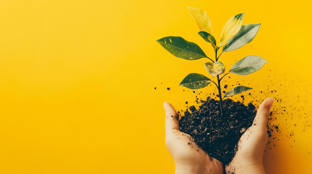 双手捧持带土幼苗，于亮黄背景下彰显生机与呵护
