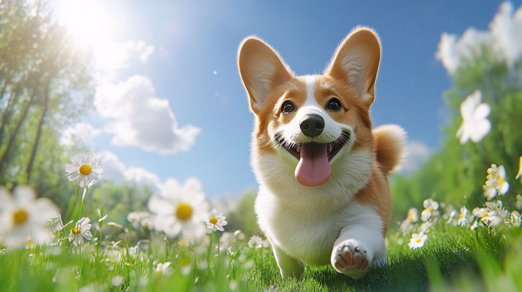 柯基犬在阳光下的花丛草地中欢快奔跑，尽显萌态活力