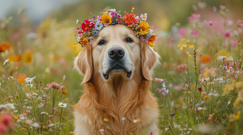 金毛犬头戴多彩花环，于繁花中尽显可爱与自然之美