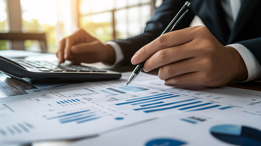 商务人士手持钢笔，于报表图表前专注分析数据