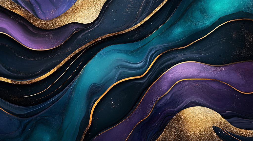 蓝紫金三色交织的抽象流体图案，尽显奢华艺术美感