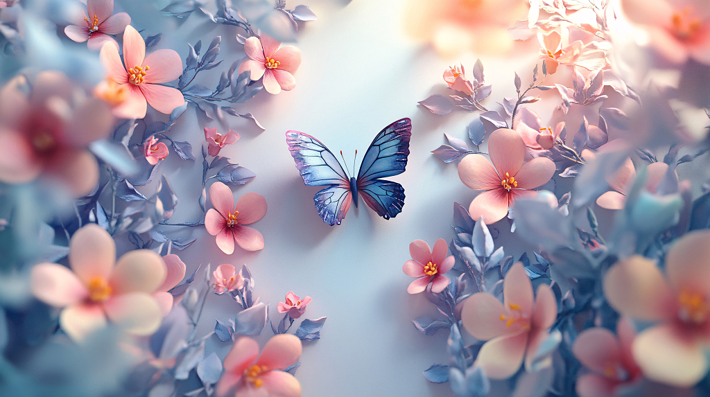 梦幻花朵与蝴蝶环绕，柔和色彩交织出浪漫而宁静的自然美景