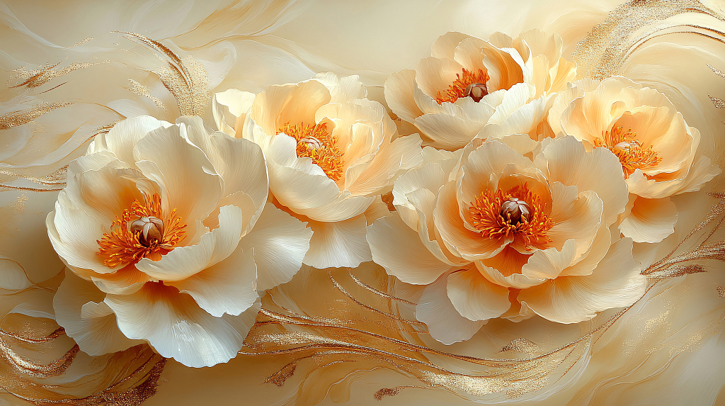 几朵米白花朵配橙黄花蕊，于金纹背景中尽显优雅华丽