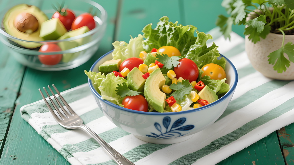 美食摄影清新风格包含生菜牛油果西红柿等的沙拉绿植盆栽装饰摆拍